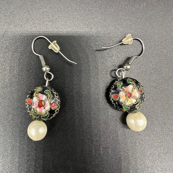 Vintage Cloisonne Floral Faux Pearl Necklace Earrings Set Heart Beads Blue Black - Picture 6 of 9